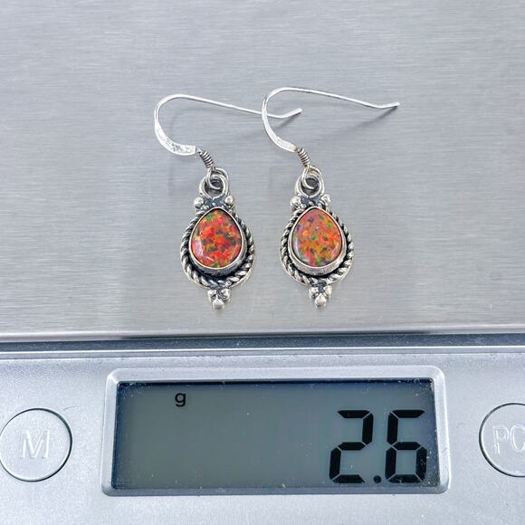Estate Sterling Silver 925 Teardrop Orange Opal Dangle Earrings - Picture 7 of 7